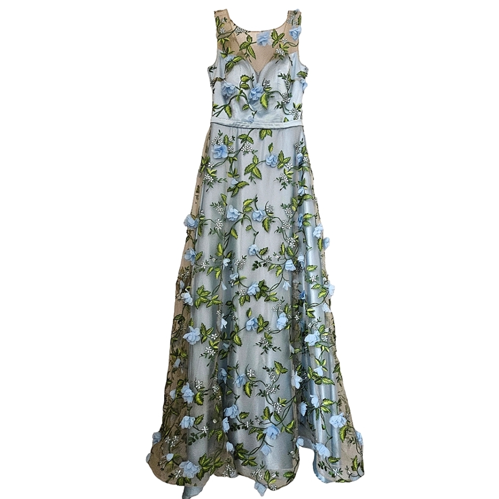 Ella Bella Whimsical Light Blue Embroidered 3D Floral LaceTulle Couture Gown